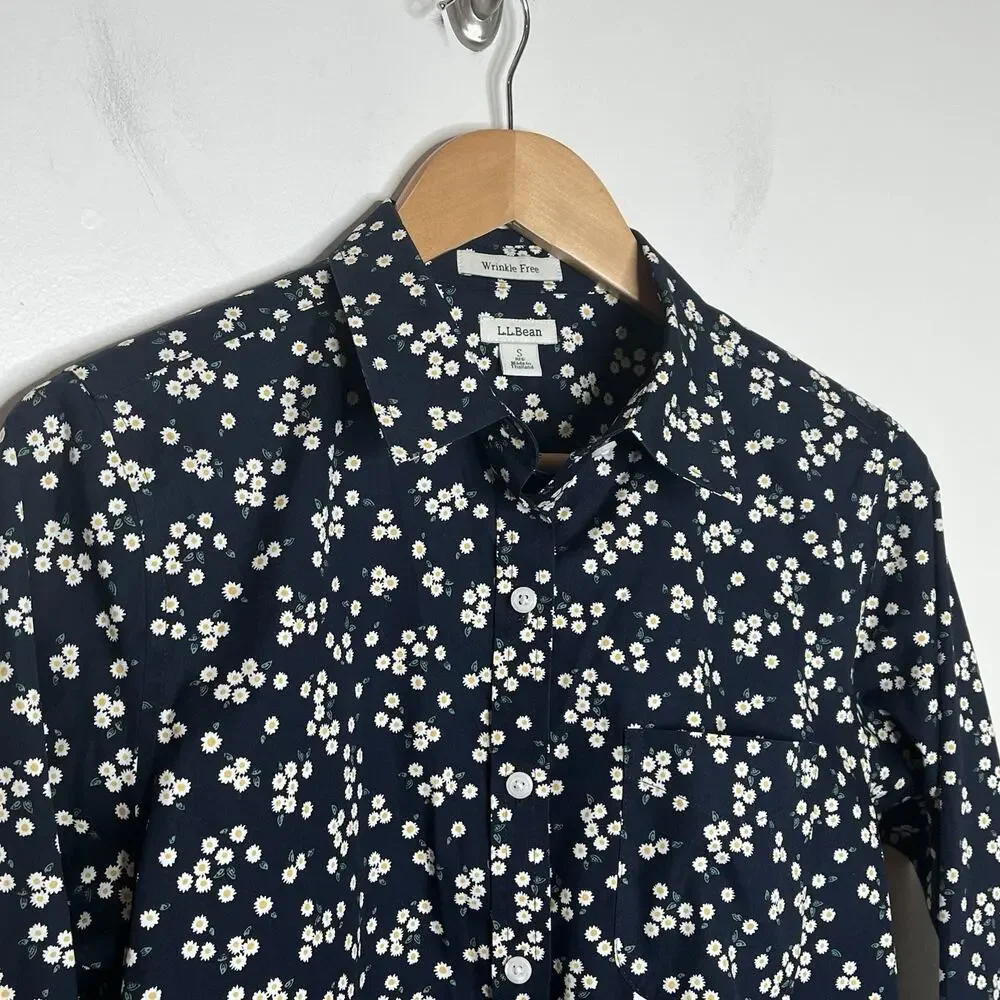 LL Bean Daisy Floral Print Button Up Shirt Black Womens Small Preppy Cottage - Picture 2 of 8